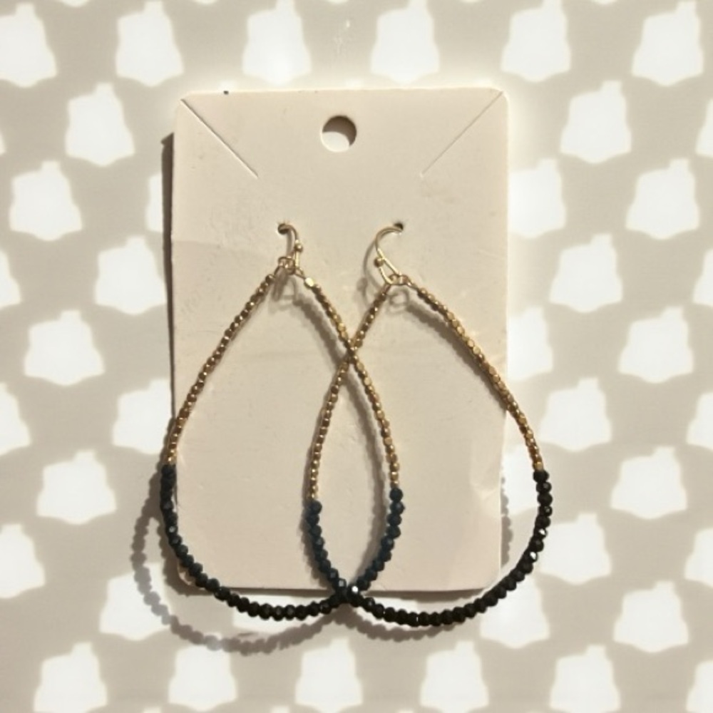 Gold and Black Beaded Teardrop Earrings